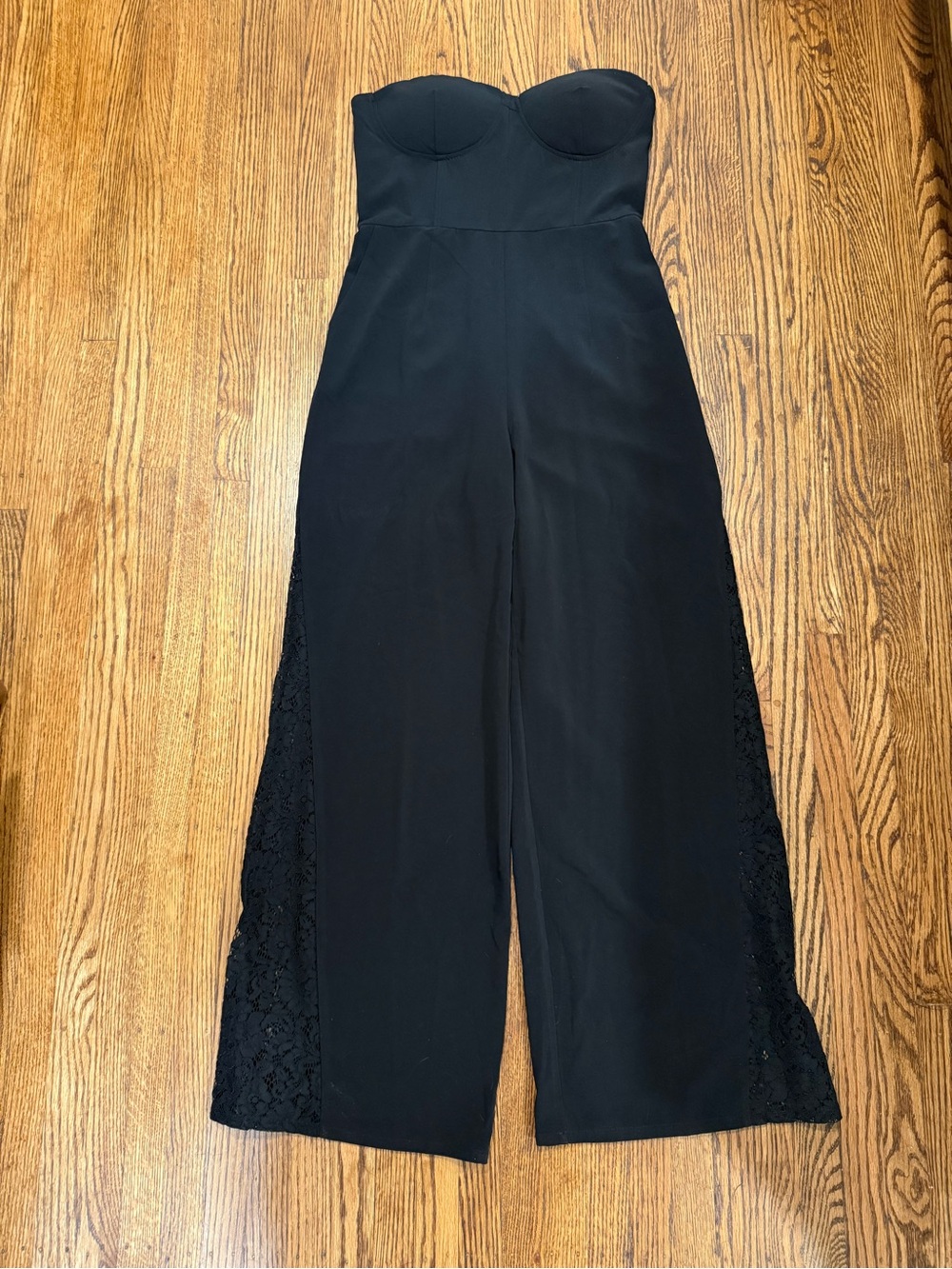 Vici Black Strapless Wide-Leg Lace-Panel Jumpsuit